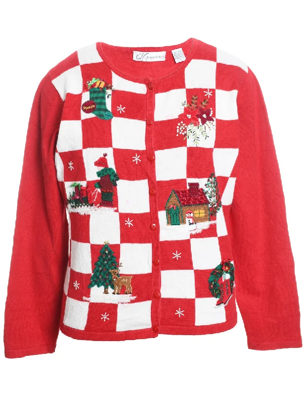 Effortless Dressing Red & White Appliqued Christmas Cardigan  - L
