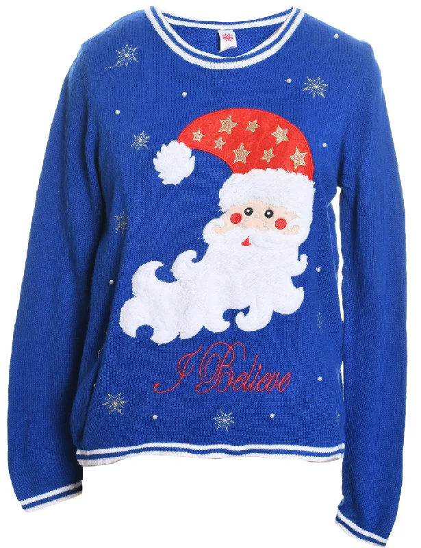 Fashionable And Versatile Santa Claus Blue Knit Christmas Jumper - M