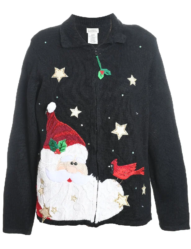 Comfortable Looks Santa Claus Design Black Embroidered Christmas Cardigan - M