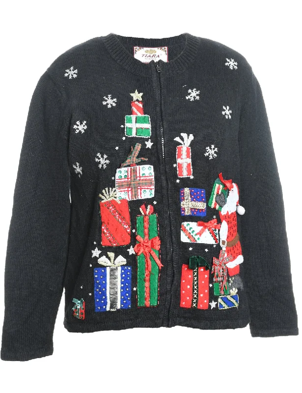 Comfortable Outfits Santa Claus Design Black Embroidered Christmas Cardigan - S