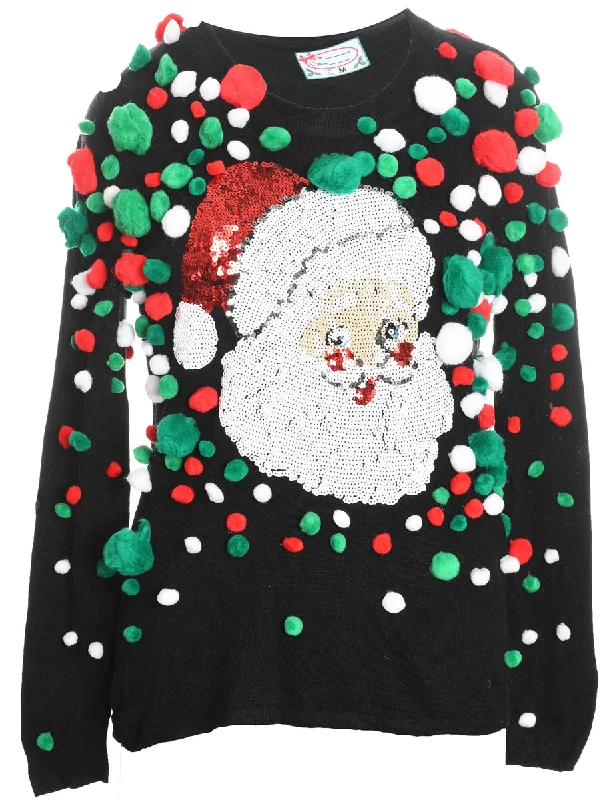 French Retro Santa Claus Design Black, Green & Red Sequined Christmas Jumper - M