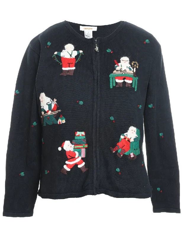 Urban Design Sense Santa Claus Design Black Zip-Front Knit Christmas Cardigan - S