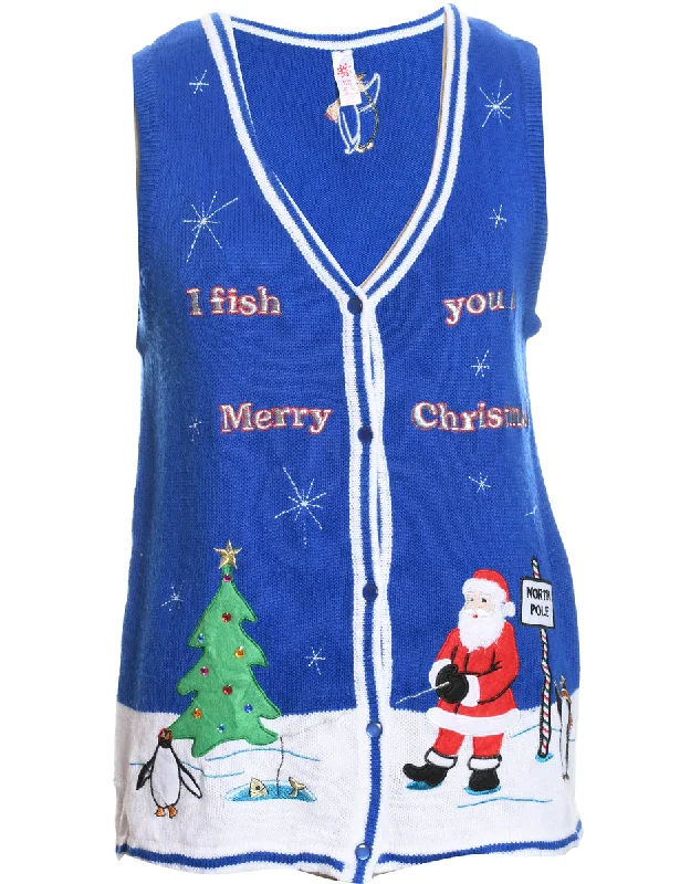Classic Style Santa Claus Design Blue Knit Christmas Vest - S