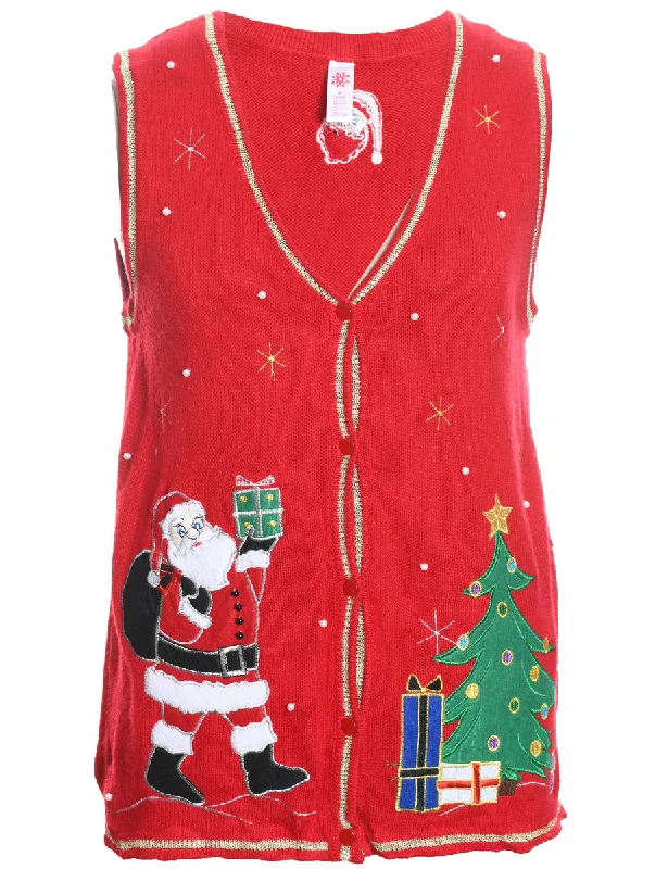 Cute Style Santa Claus Design Red Knit Christmas Vest - M