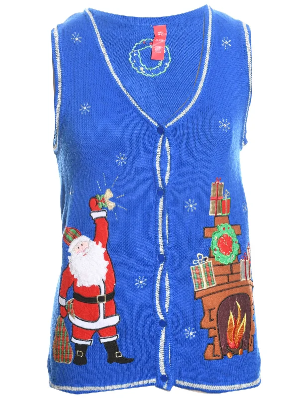 Celebrity Style Santa Claus & Reindeer Blue Knit Christmas Vest - S