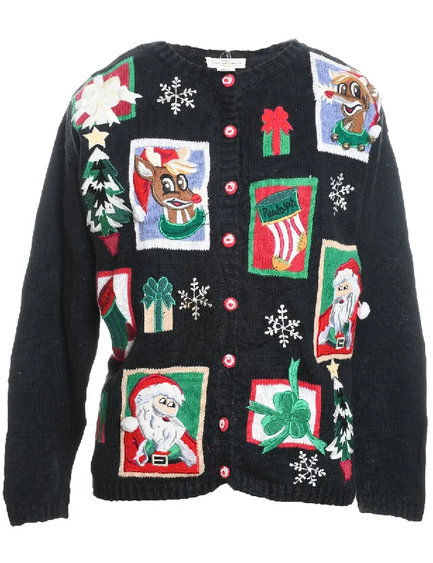 Classic Design Santa Claus & Reindeer Design Black Knit Christmas Cardigan - M