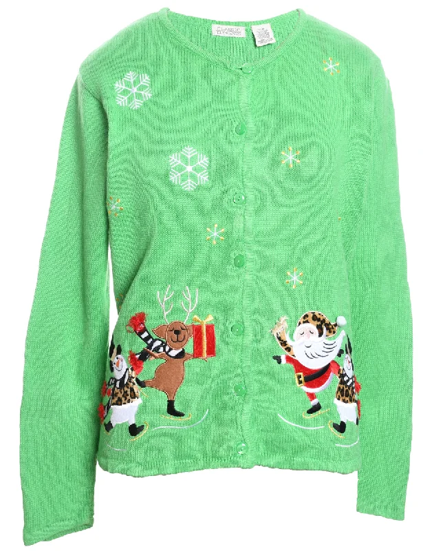 Trendy Comfort Santa Claus & Reindeer Design Light Green Christmas Cardigan - M