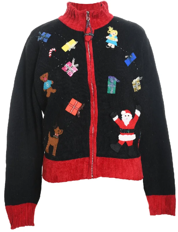 Modern Chic Santa Claus & Reindeer Design Multi-Colour Christmas Cardigan - M