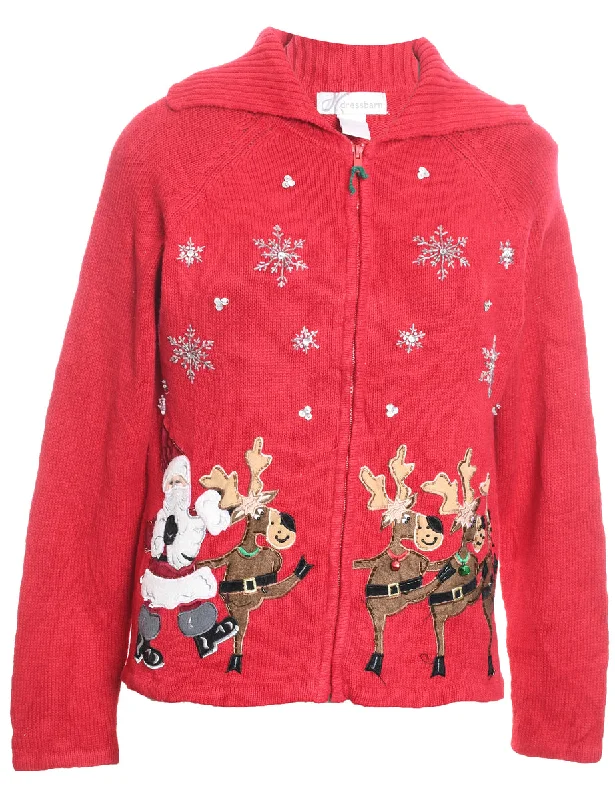 Layered Style Santa Claus & Reindeer Design Zip-Front Christmas Cardigan - S