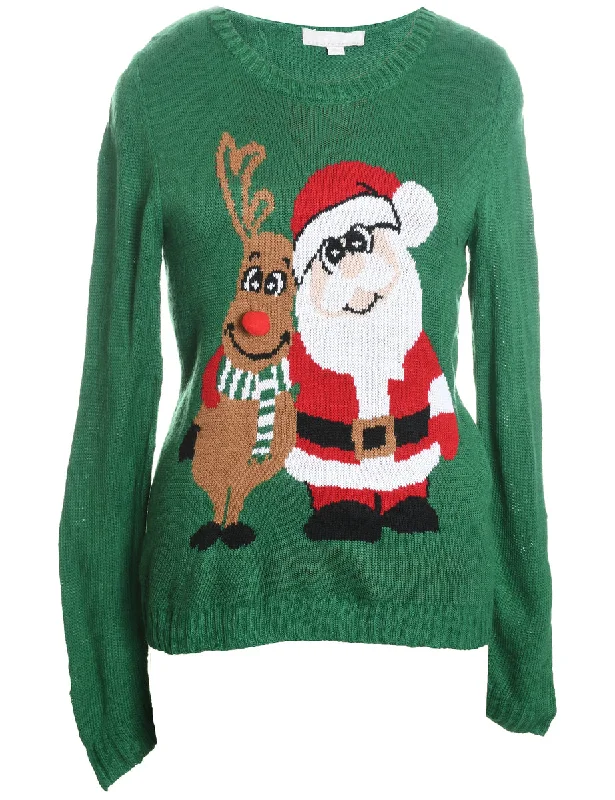 Soft Comfort Wear Santa Claus & Reindeer Green Knit Christmas Jumper - L