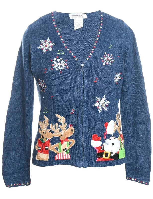 Soft Fashion Santa Claus & Reindeer Navy Embroidered Zip-Front Christmas Cardigan - M