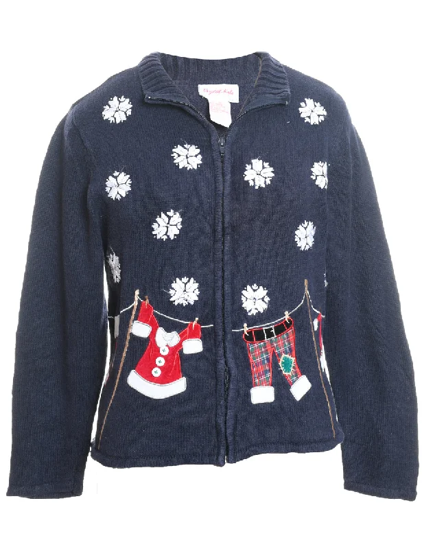 Design Must-have Snowfall Design Appliqued Navy Zip-Front Christmas Cardigan - S