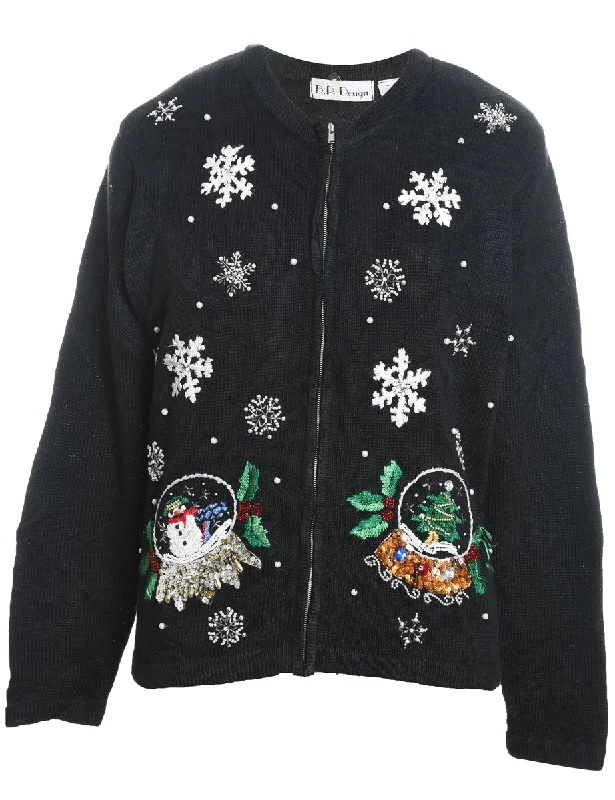 Summer Comfort Snowfall Design Christmas Zip-Front Cardigan - M