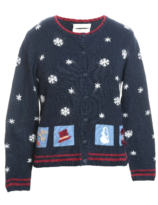 Comfortable Jeans Snowfall Design Navy Embroidered Christmas Cardigan - S
