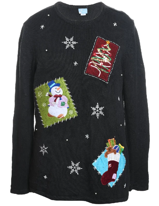 Comfortable Sweaters Snowman Black Embroiderd Christmas Jumper - M