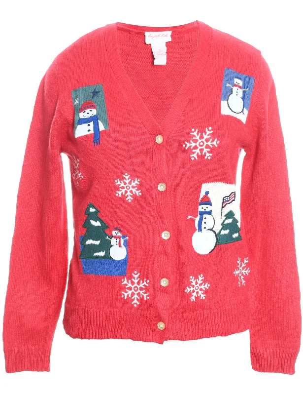 Simple Solid Color Snowman Christmas Cardigan - M