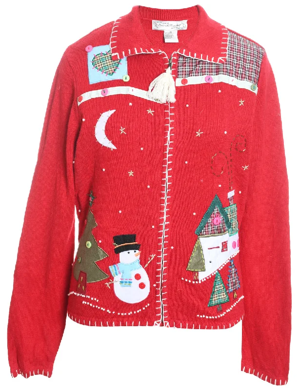 Cozy Fitting Snowman Christmas Cardigan - M
