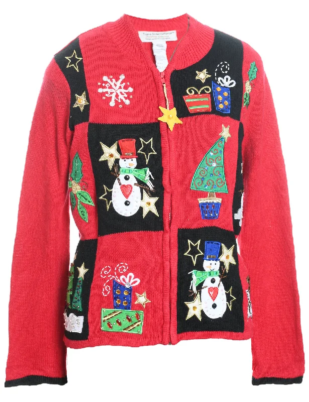 Comfortable Lifestyle Snowman Christmas Cardigan - M