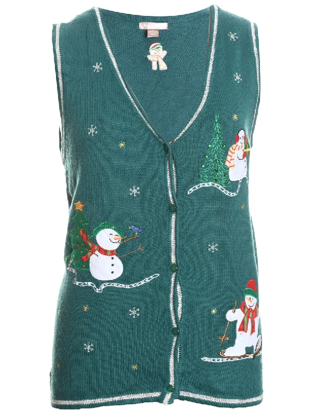 Soft Relaxation Wear Snowman Design Applique Knit Christmas Vest - M