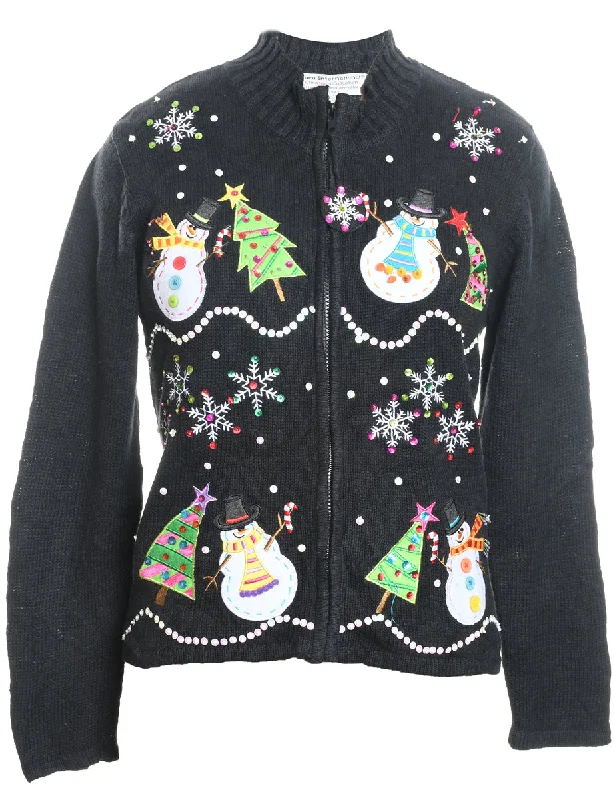Everyday Style Snowman Design Black Christmas Cardigan - L