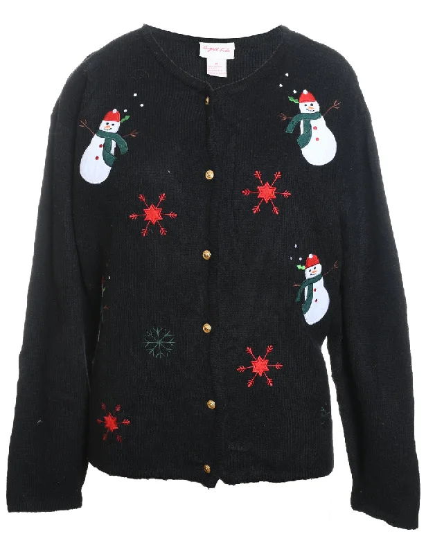 Effortless Comfort Snowman Design Black Christmas Cardigan - M