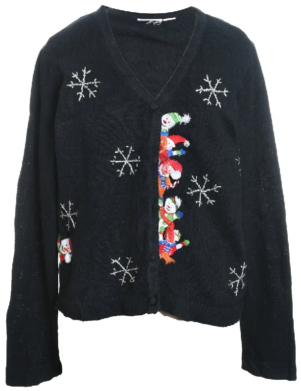 Comfort Fit Snowman Design Black Classic Christmas Cardigan - L