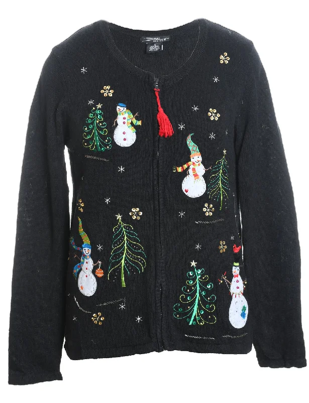 Comfortable Dresses Snowman Design Black Embroidered Christmas Cardigan - M