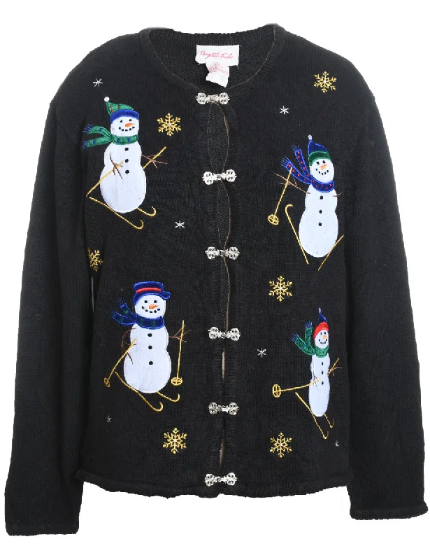 Soft Style Snowman Design Black Embroidered Christmas Cardigan - S