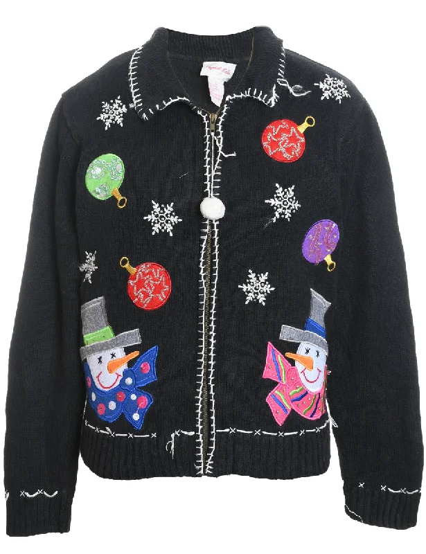 Basic Comfort Snowman Design Black Embroidered Zip-Front Christmas Cardigan - L