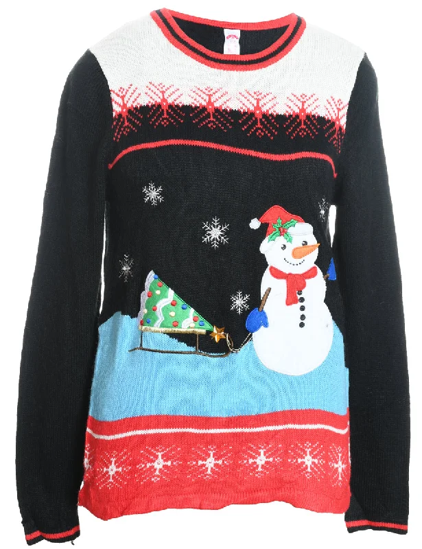 Comfortable Tops Snowman Design Black Knit Christmas Jumper - S
