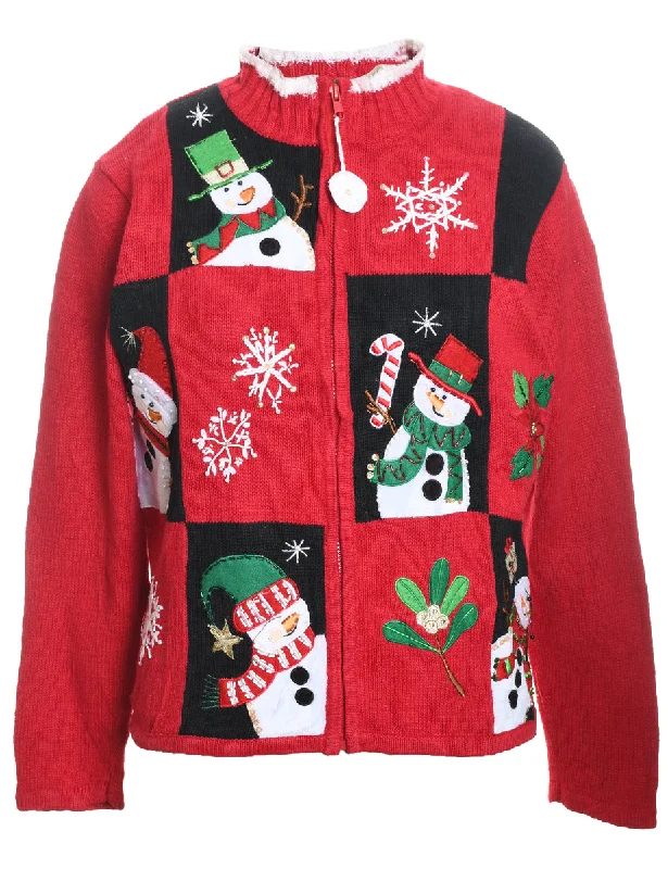 Effortless Wear Snowman Design Black & Red  Christmas Cardigan - M