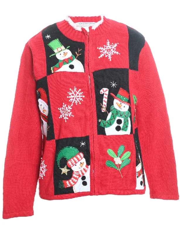 Casual Wear Snowman Design Black & Red Patchwork Embroidered Christmas Cardigan - M