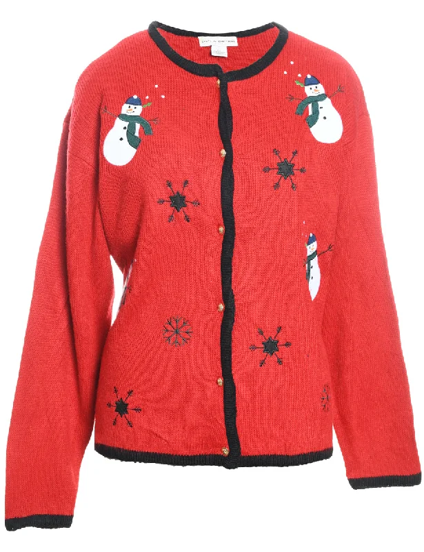 Fashion Must-have Snowman Design Black, Red & White Appliqued Christmas Cardigan - XL