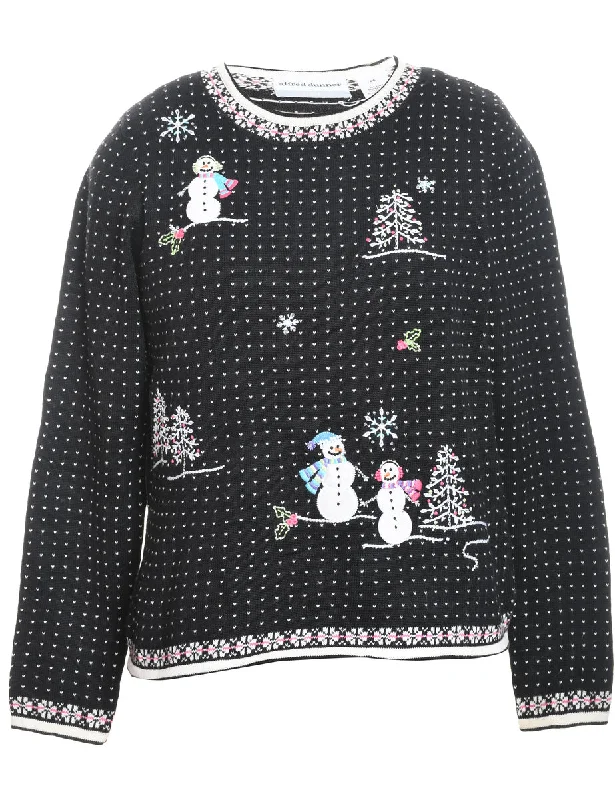 Trends Snowman Design Black & White Embroidered Christmas Jumper - S