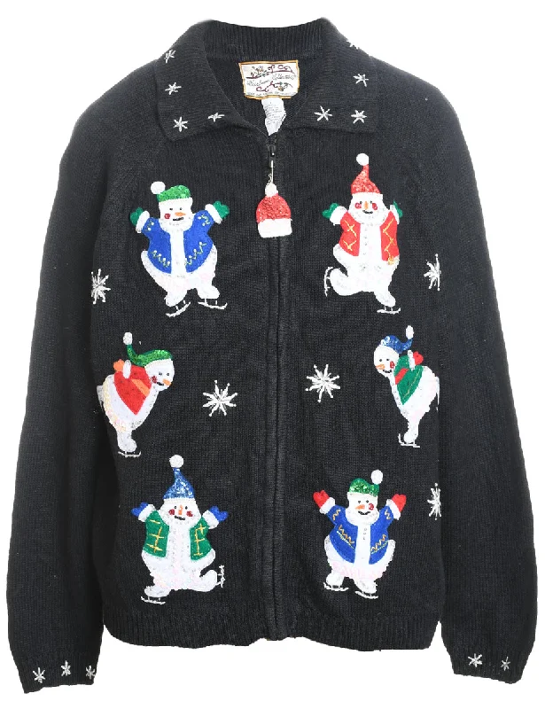 Breathable Comfort Snowman Design Black Zip-Front Christmas Cardigan - L