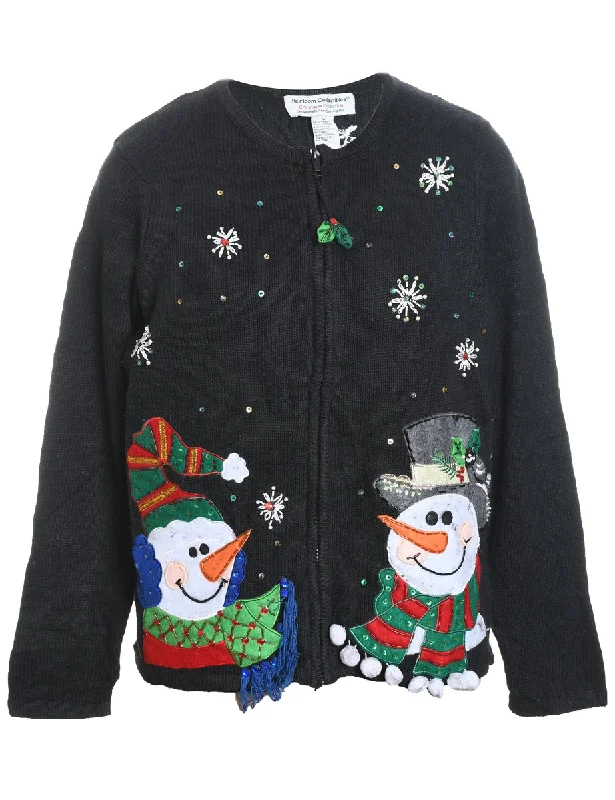 Effortless Elegance Snowman Design Black Zip-Front Christmas Cardigan - M
