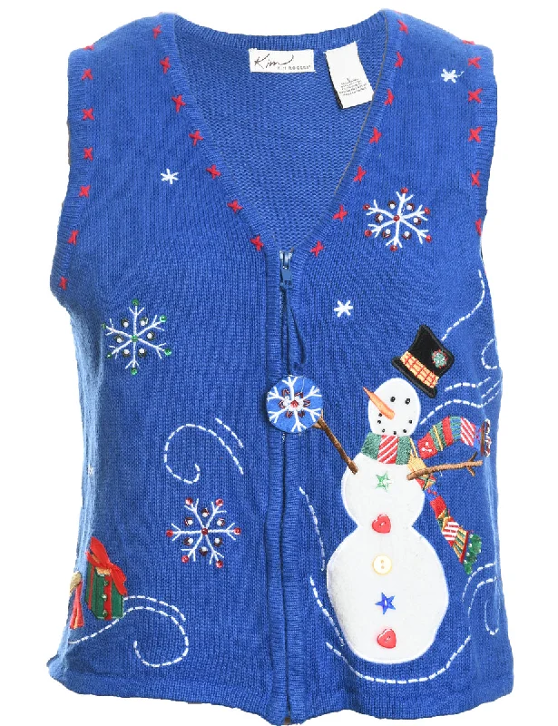 Relaxed Fashion Snowman Design Blue Appliqued Knit Christmas Vest - L
