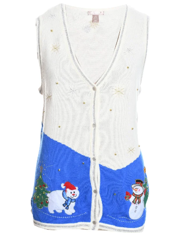 High-quality Fabrics Snowman Design Blue & White Knit Christmas Vest - L