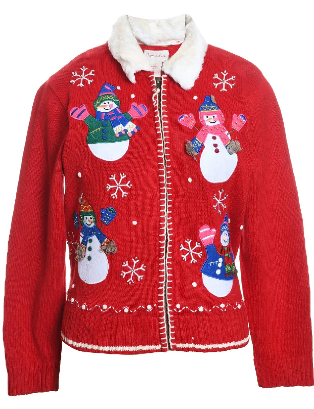 Comfortable Jackets Snowman Design Embroidered Faux Fur Trim Christmas Cardigan - M