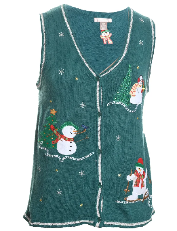 Versatile Items Snowman Design Green Knit Christmas Vest - S