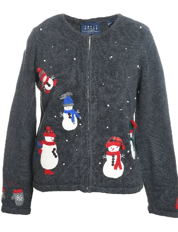 Breezy Style Snowman Design Grey Zip-Front Christmas Cardigan - M