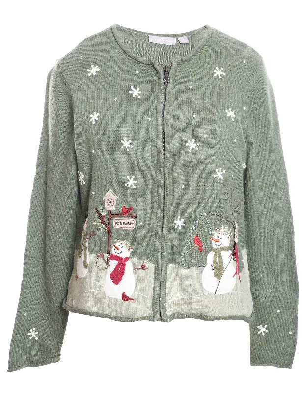 Light Comfort Snowman Design Light Green Appliqued Christmas Cardigan - S