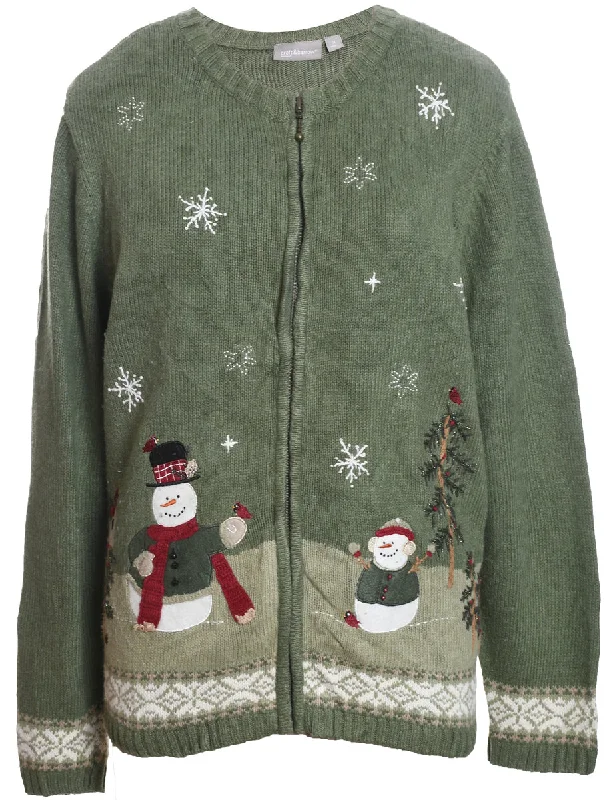 Chic Outfits Snowman Design Light Green Appliqued Christmas Cardigan - XL