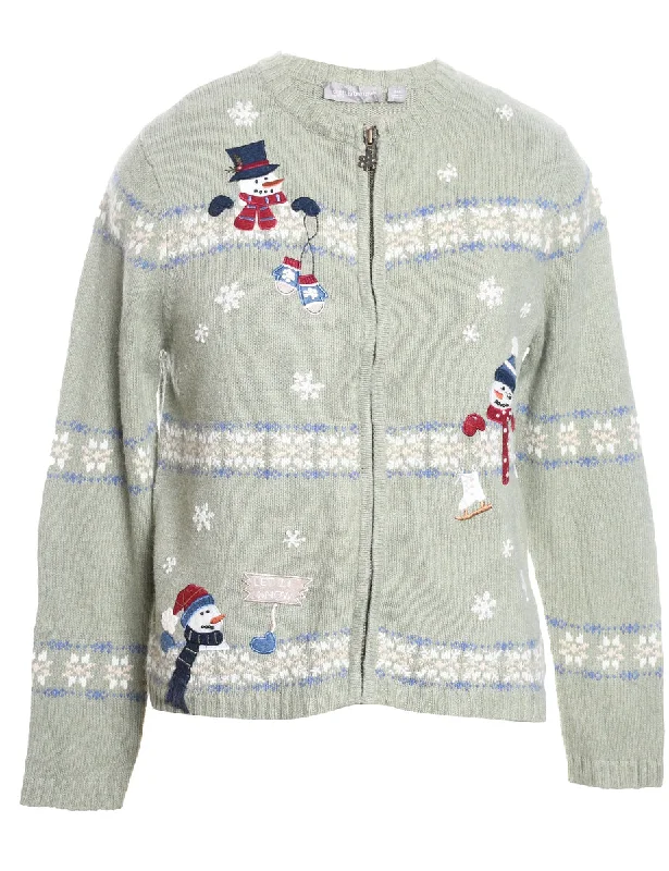 Classic Choice Snowman Design Light Green Zip-Front Knit Christmas Cardigan - M