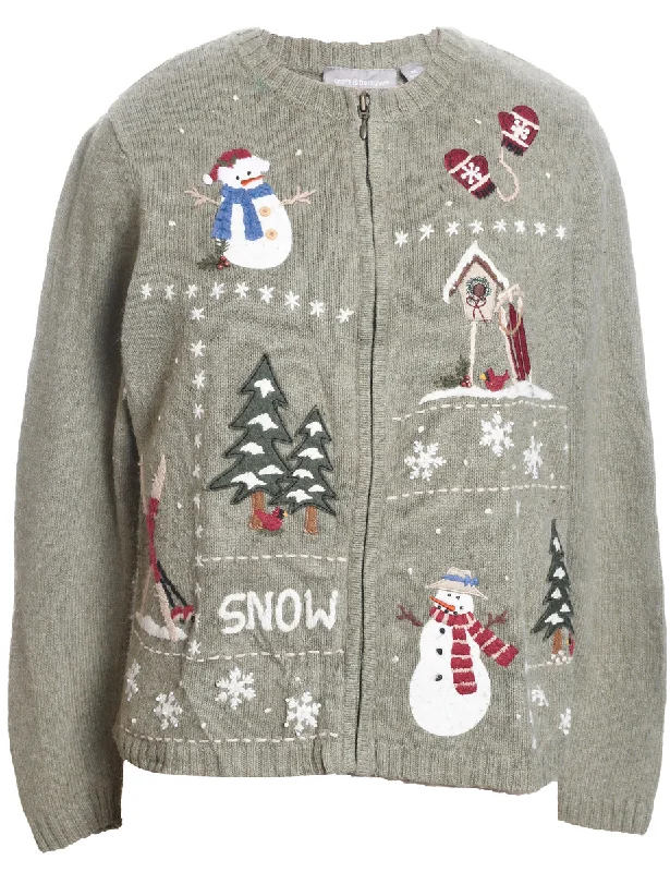 Comfy Pants Snowman Design Light Grey Knit Zip-Front Christmas Cardigan - M