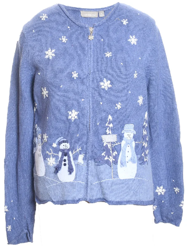 Timeless Comfort Snowman Design Lilac Knit Christmas Cardigan - S