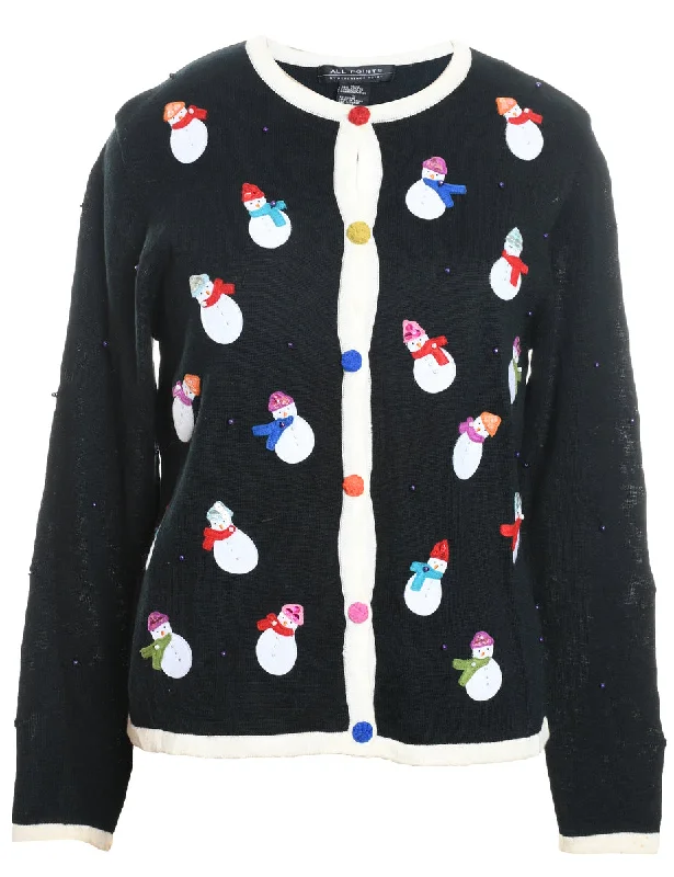 Elegant Outline Snowman Design Multi-Colour Knit Christmas Cardigan - L