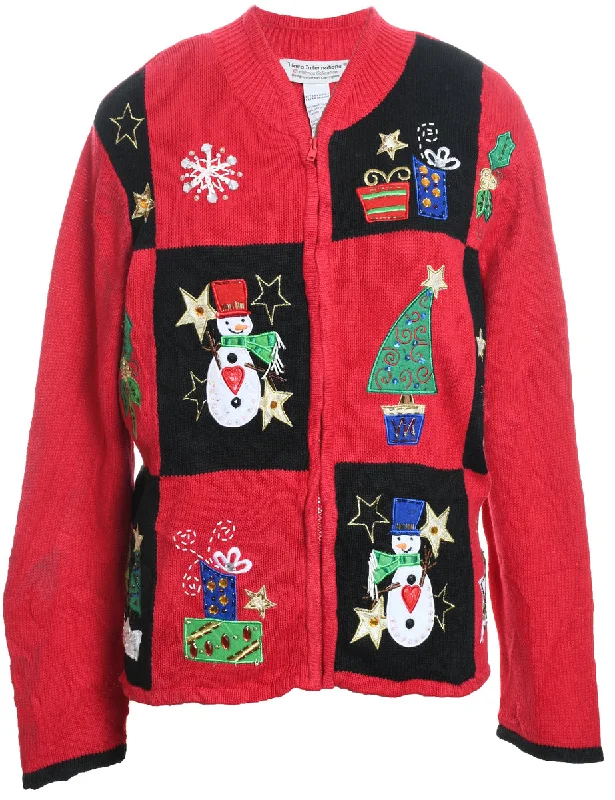 Weekend Style Snowman Design Patchwork Zip-Front Christmas Cardigan - XL