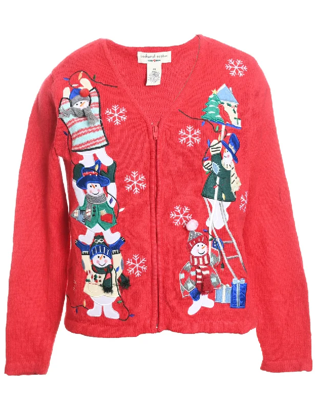 Easy Chic Snowman Design Red Appliqued Christmas Cardigan - S