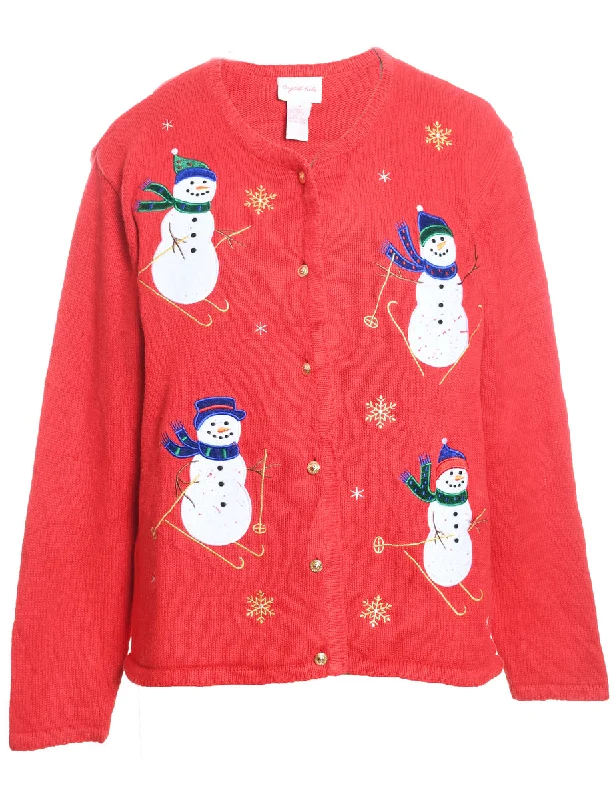 Exquisite Craftsmanship Snowman Design Red Appliqued Knit Christmas Cardigan - M
